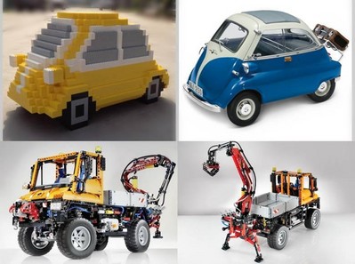上圖為樂高按1:3比例拼搭的寶馬經典微車 Isetta，下圖為樂高拼砌的奔馳 Unimog U 400工程車。